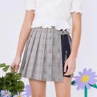 Buckled Contrast-panel Pleated Plaid Wrap Skirt
