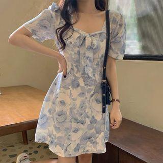 Short Sleeve Square Neck Floral Print Lace-up Mini A-line Dress