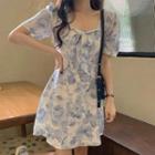 Short Sleeve Square Neck Floral Print Lace-up Mini A-line Dress