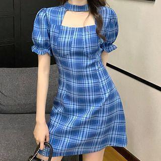 Choker-neck Plaid Mini A-line Dress