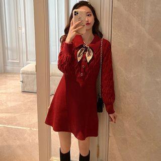 Long-sleeve Tie-neck Knit Mini A-line Polo Dress