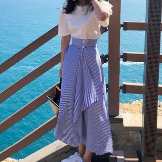 Short-sleeve Top / Striped A-line Maxi Skirt