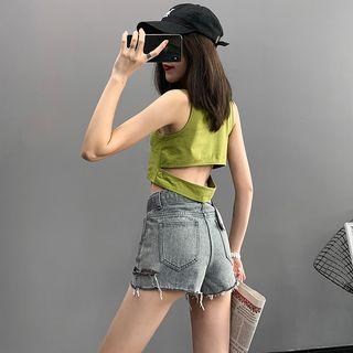 Cutout-back Crop Tank Top Green - One Size