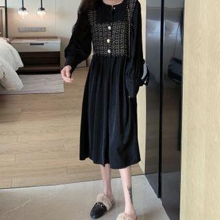 Long-sleeve Buttoned A-line Midi Dress / Spaghetti Strap Tweed Top