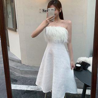 Spaghetti-strap Fluffy Panel Midi A-line Dress