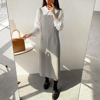 Plain Blouse / Plaid Midi Pinafore Dress