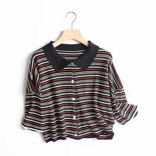 Elbow-sleeve Striped Buttoned Cropped Knit Top