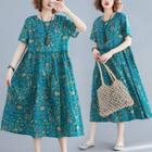 Short-sleeve Floral A-line Midi Dress Green - One Size