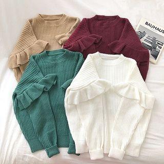 Plain Crewneck Ruffled-trim Panel Long-sleeve Sweater