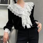 Lace Panel Ruffle Trim Blouse Black - One Size