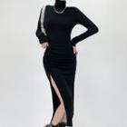 Long-sleeve High-neck Plain Ruched Slit Shaping Dress