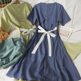 Cutout Ribbon-back Plain Midi Dress