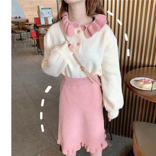 Set: Collared Sweater + Ruffle Hem Knit Midi Straight-fit Skirt