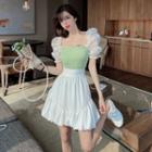 Puff-sleeve Square-neck Shirred Top / Ruffle Skirt