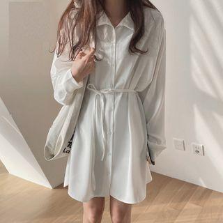 Long-sleeve Plain Tie-waist Mini Shirtdress