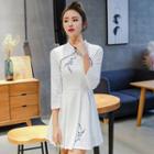 3/4-sleeve Floral Embroidered Mandarin Collar Dress