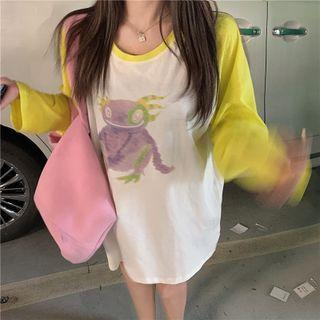 Round-neck Printed Two Tone Oversize Top As Shown In Figure - One Size