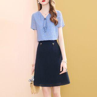 Set: Patterned Short-sleeve Top + Mini A-line Skirt