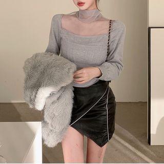 Turtleneck Mesh Panel Crop Top