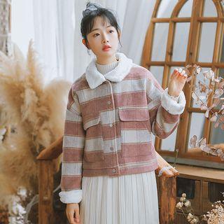 Furry-trim Color Block Buttoned Jacket