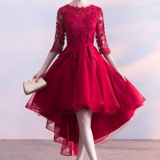 Elbow-sleeve Lace High-low Prom Dress