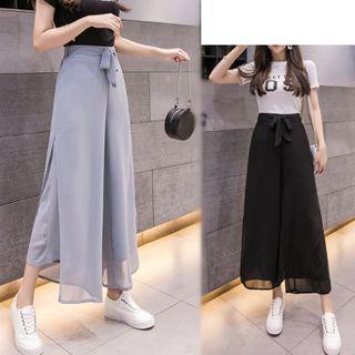 Tie-waist Chiffon Wide-leg Cropped Pants
