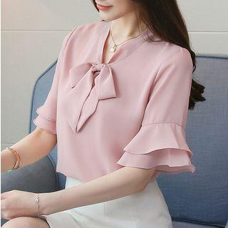 Bow Accent Flared-sleeve Chiffon Blouse