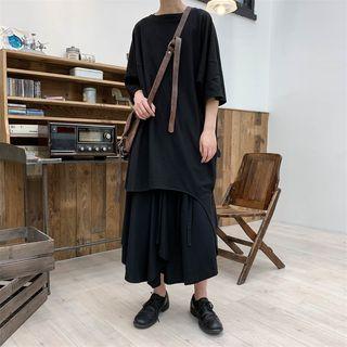 3/4-sleeve Asymmetric Long T-shirt Black - One Size