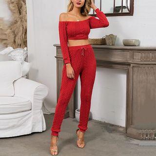 Set: Off-shoulder Knitted Cropped Top + Pants
