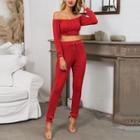 Set: Off-shoulder Knitted Cropped Top + Pants