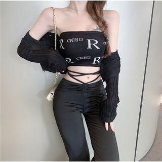 Letter Jacquard Tube Top / Button-up Ribbed Crop Cardigan / Drawstring Lace-up Waist Straight Leg Pants