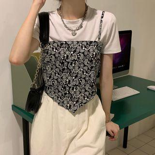 Short-sleeve Plain Cropped T-shirt + Printed Camisole