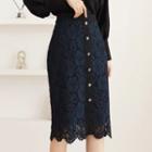 Button-trim Lace-overlay Skirt