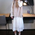 Long-sleeve Midi A-line Lace Dress / Knit Vest / Set