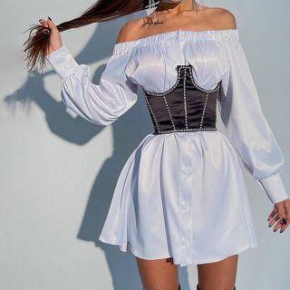 Plain Off-shoulder Long-sleeve Mini A-line Dress