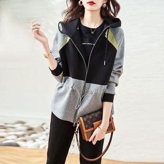 Color Block Drawstring Hooded Zip Jacket