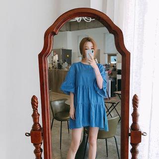 3/4-sleeve Tiered Denim Minidress
