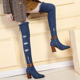 Pointed Block Heel Distressed Over-the-knee Boots