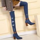 Pointed Block Heel Distressed Over-the-knee Boots