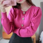 Balloon-sleeve Flower-button Cardigan