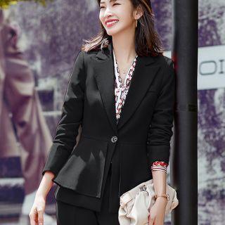 Set: Plain Blazer + Dress Pants + Printed Blouse