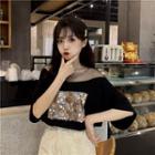 Elbow-sleeve Mesh Paneled Sequined T-shirt Black - One Size