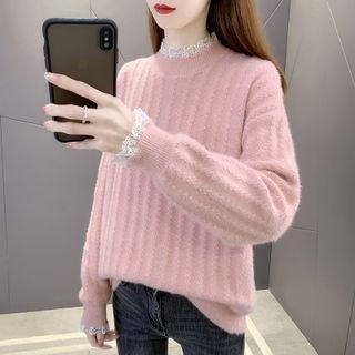 Long Sleeve Mock Neck Lace Trim Sweater