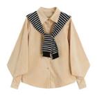 Set: Puff-sleeve Corduroy Shirt + Shawl Khaki & Black & White - One Size