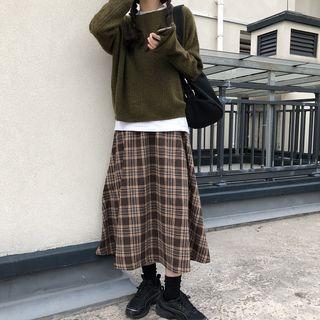 Long-sleeve Plain Knit Sweater / Plaid Midi Skirt