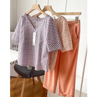 Elbow-sleeve Plaid Blouse / Linen Straight-leg Pants