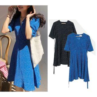 Elbow-sleeve Dotted A-line Chiffon Dress