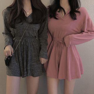 Set: Long-sleeve Hooded T-shirt + Drawstring Mini Culottes