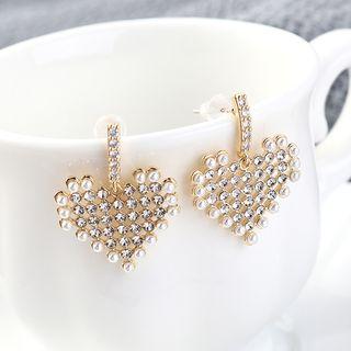 925 Sterling Silver Rhinestone Faux Pearl Heart Dangle Earring 1 Pair - 138854 - One Size