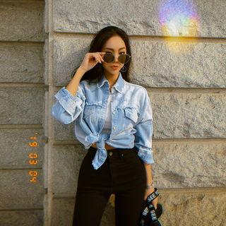 Fray-detail Washed Denim Shirt Light Blue - One Size